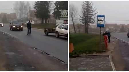 VIDEO - Un șofer face ordine pe șosea: un bețiv este "săltat" din calea mașinilor și aruncat peste gard!