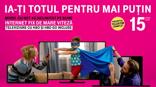 (P) Totul pentru mai puțin, de la Telekom! Pachetul Telekom Complet: mobil cu Net Nelimitat 4G, Internet fix de mare viteză și televiziune, cu HBO și HBO GO incluse până la finalul anului, la doar 15 euro / lună.