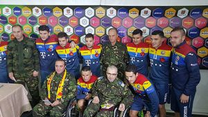 FOTO | Moment emoționant pregătit de "tricolori!" Jucătorii lui Daum s-au pozat și au acordat autografe mai multor soldați care au fost răninți în Irak și Afganistan. Doi fotbaliști au fost menajați