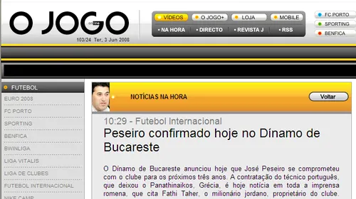 O’Jogo: „Peseiro, confirmat la Dinamo București”