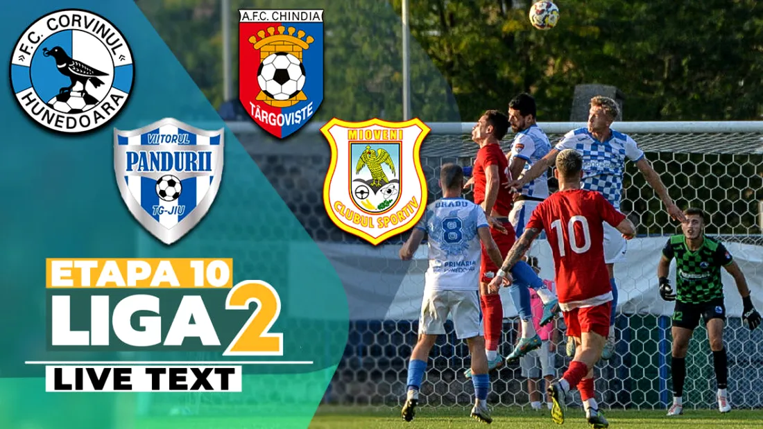 Cu goluri marcate pe final, Corvinul și Viitorul Pandurii ies învingătoare din meciurile de acasă cu Chindia și CS Mioveni, din etapa a 10-a a Ligii 2