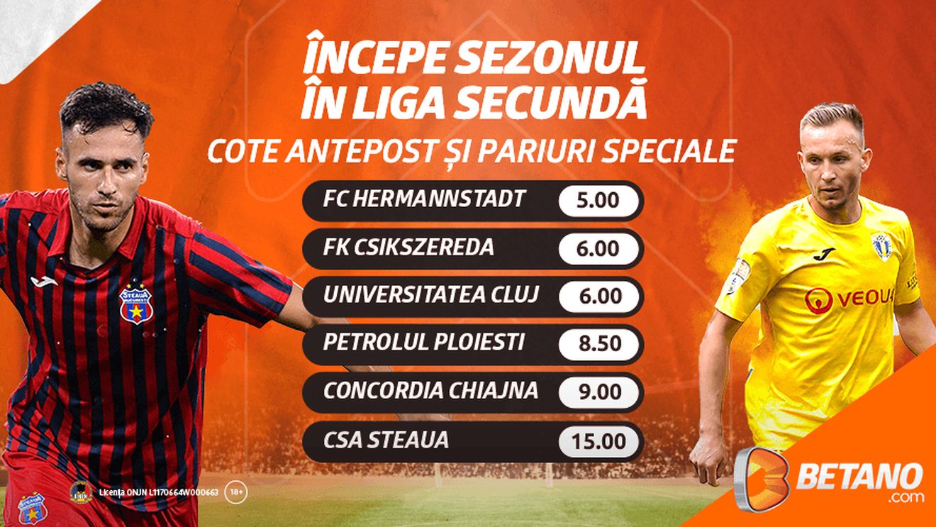 ADVERTORIAL! Start în Liga Secundă a României! Ce spun cotele Betano despre șansele celor de la CSA Steaua,"U" Cluj, Petrolul sau Hermannstadt