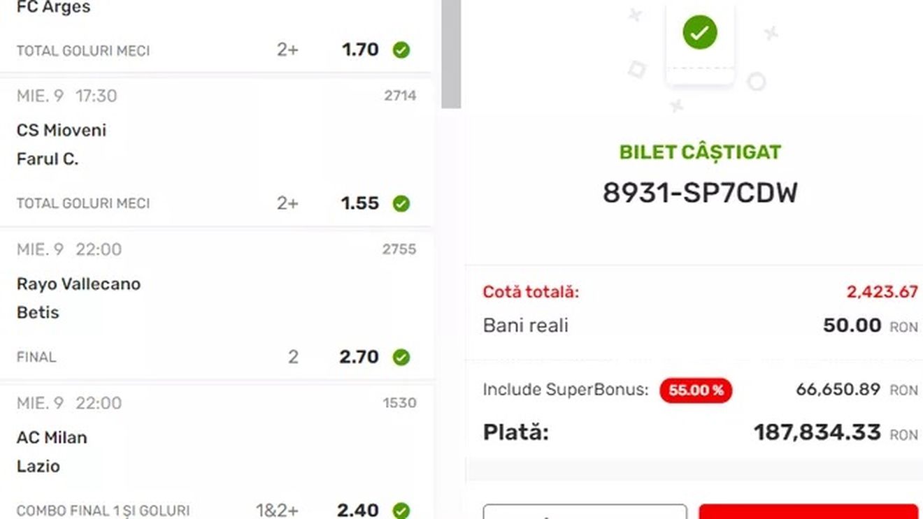 Bilet senzațional la pariuri sportive! A câștigat o avere cu 50 de lei