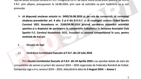 Documentul care a interzis-o pe Corvinul Hunedoara în Superliga! Ce a contestat un club din Liga 2 la FRF. EXCLUSIV