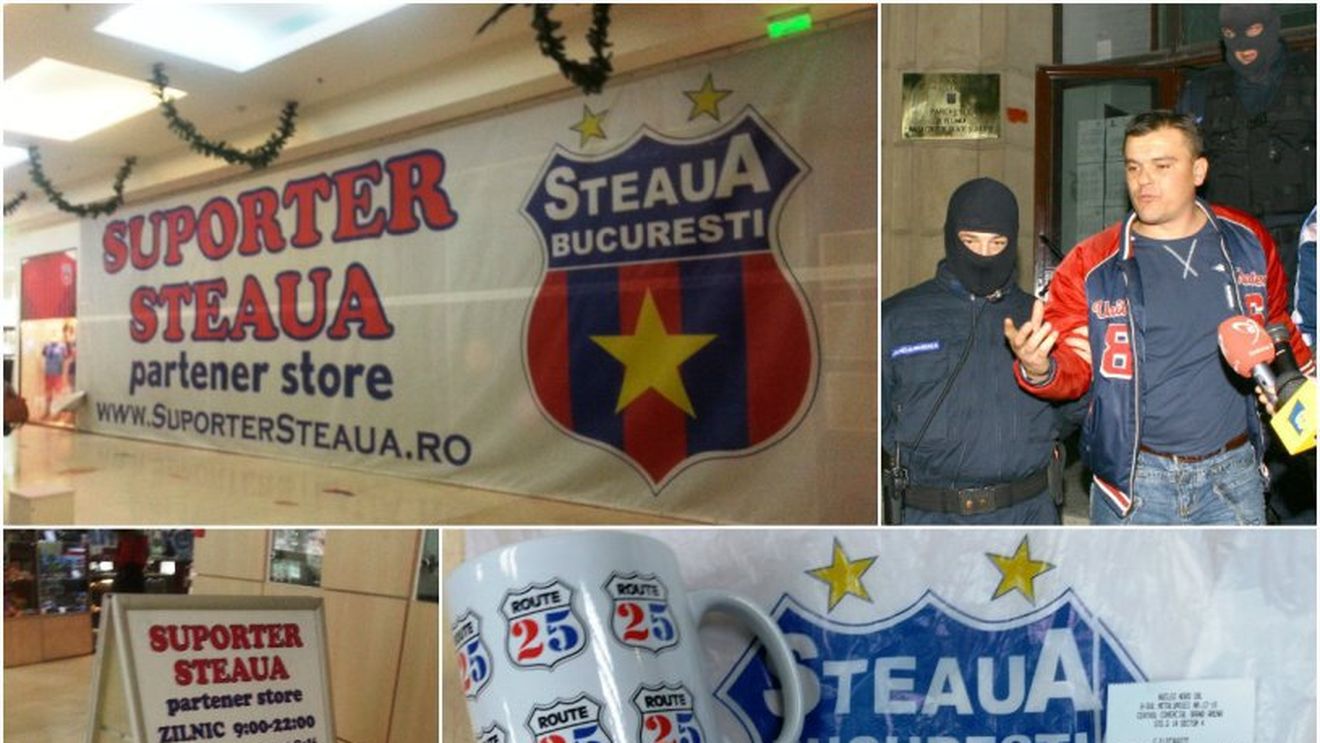 Armata obligă Steaua să își schimbe numele și stema, dar suporterii încă produc bani de pe urma emblemei. FOTO | Magazinul lui Gheorghe Mustață vinde produse cu însemnele care aparțin CSA Steaua