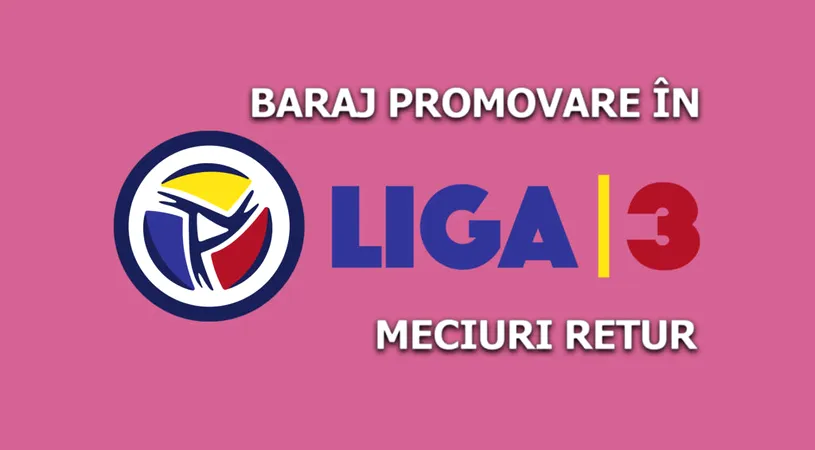 Echipele promovate în Liga 3 în urma meciurilor de baraj. Surpriză mare la Sibiu, unde noul FC Inter a ratat obiectivul. CS Dinamo a câștigat și în retur, iar scorul zilei a fost înregistrat de campioana din Alba