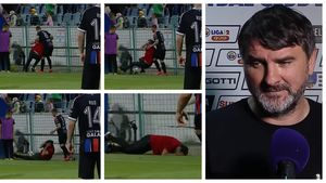 Imagini fabuloase cu Adrian Mihalcea. Antrenorul Gloriei Buzău a simulat o lovitură primită de la Ionuț Neagu și s-a tăvălit pe jos în prelungirile meciului cu SC Oțelul. Arbitrul n-a gustat teatrul și l-a eliminat