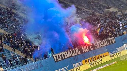 Oltenii au făcut spectacol la revenirea pe stadion! Torțe, fumigene și mesaje cu direcție, la meciul cu FCSB: „Fotbalul nu e serial TV!” | FOTO & VIDEO
