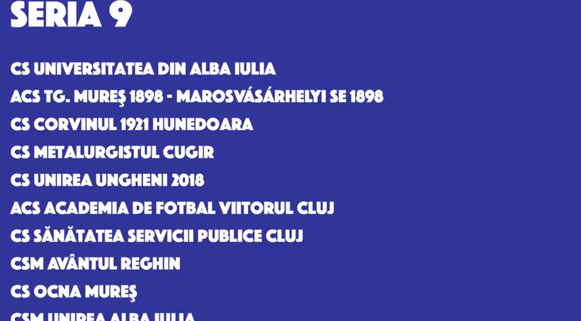 Seria 9 Liga 3 | Corvinul Hunedoara e nemulțumită de repartizarea tot în Seria 9, însă tot ea e principala favorită la locul 1. Programul meciurilor