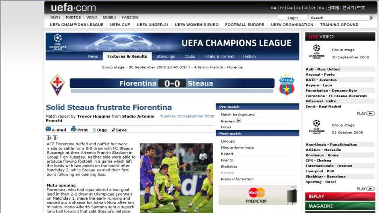 UEFA: "Solida Steaua o frustrează pe Fiorentina"