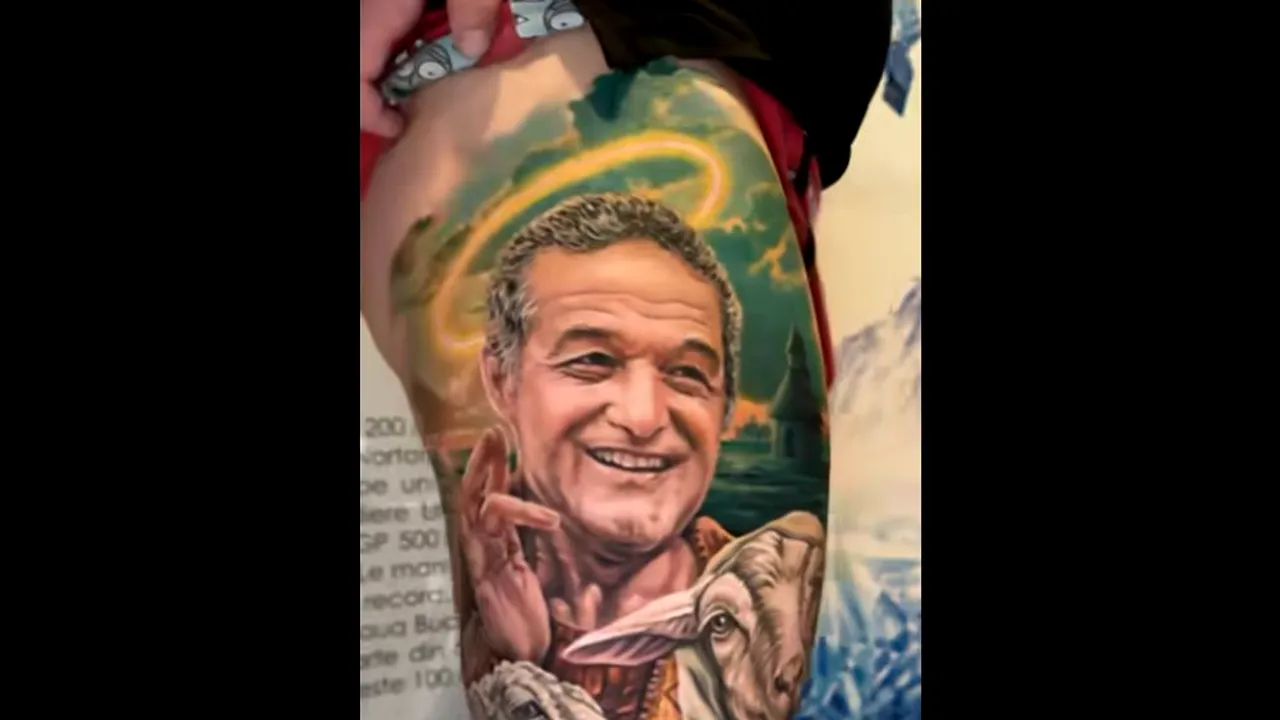 Tatuajul obscen cu Gigi Becali, devenit viral pe internet! Un ultras și-a făcut un desen cu miliardarul din Pipera, sub formă de sfânt, și două oi