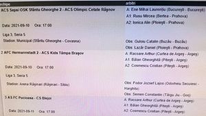 Gafă incredibilă făcută de CCA! Arbitrul Răcoare, doi asistenți și observatorul Fodor, delegați de două ori în aceeași etapă, în aceeași serie din Liga 3! Cum s-a rezolvat problema