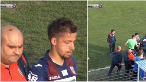 VIDEO | Fotbalistul Stelei a fost bătut pe teren și dus de urgență la spital! Agresorul a fost reținut de poliție și se află la secție. Scene incredibile pe stadionul Rocar

