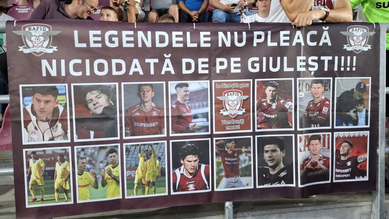 Povestea bannerului cu pozele lui Cristi Săpunaru de la Rapid - CFR Cluj! Cine l-a confecționat și de ce: „A fost cu noi, pe vremuri, în vechea peluză de la teatru, venea cu niște tovarăși din Cotroceni”. EXCLUSIV