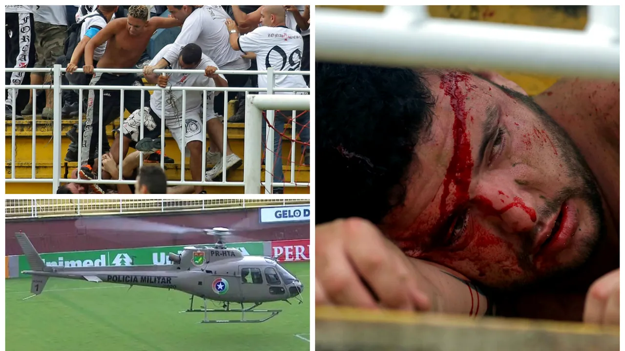 VIDEO + FOTO - Sânge, trei răniți grav și un elicopter pe teren! Violențe extreme pe un stadion din Brazilia! 