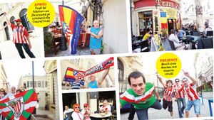 Fiesta de EspaÃ±a!** Cu steagurile într-o mână și cu berea în cealaltă, fanii iberici au invadat ieri străduțele din Centrul Vechi
