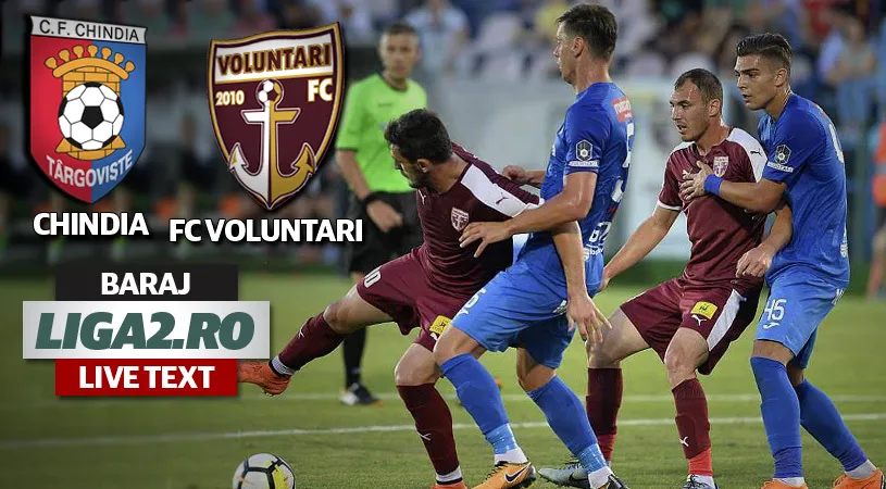 Atât de aproape! Chindia ratează promovarea în Liga 1 după 20 de ani.** FC Voluntari a avut nevoie de lovituri de departajare pentru a câștiga barajul. Mutu, un car de nervi la Târgoviște