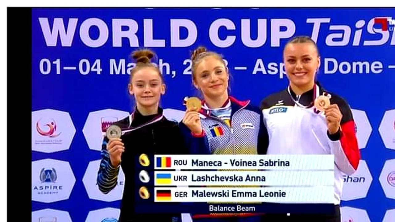 Sabrina Voinea intră în istoria României la doar 15 ani! Gimnasta a câștigat două medalii de aur la Cupa Mondială din Qatar | VIDEO