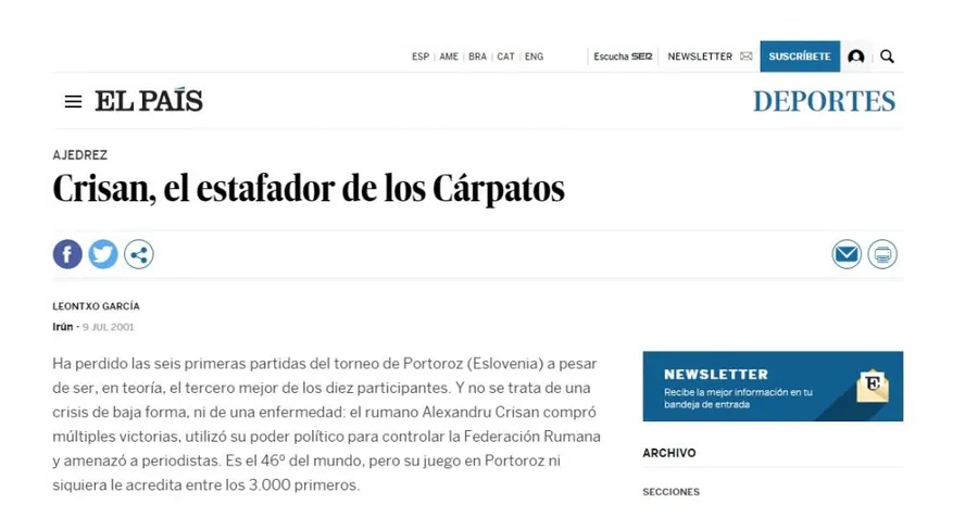 Lumea descoperea cu uimire, în 2001, practicile din România, o țară a Europei care, la acea vreme, voia în UE și în NATO. El Pais scria pe larg despre cazul "Escrocului din Carpați", președintele FR de Șah care își falsificase coeficientul ELO trecându-și în palmares victorii în concursuri fictive