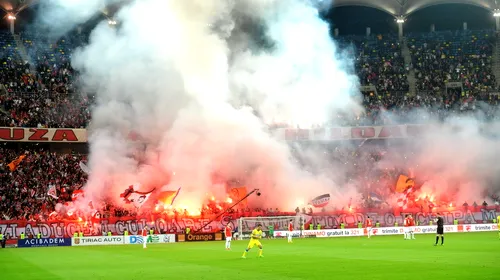 GALERIE FOTO | Dinamoviștii n-au mai avut coregrafie la derby, dar au făcut spectacol cu torțe și fumigene. Derby-ul a început cu 5 minute întârziere
