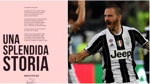 Gest superb al lui Bonucci: a cumpărat o pagină din Gazzetta dello Sport pentru a transmite un mesaj „familiei” Juventus. Gândurile unui fundaș uriaș la încheierea unei ere
