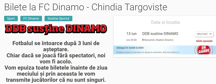 FOTO: Captură www.bilete.ro // Dinamoviștii au epuizat biletele la meciul cu Chindia Târgoviște, primul de după pauza cauzată de pandemia de coronavirus