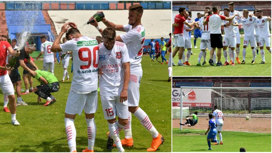 FC Hermannstadt a sărbătorit cu șampanie promovarea matematică în Liga 1, pe terenul Chindiei.** Târgoviștenii au fost fair-play cu sibienii | Reacțiile antrenorilor