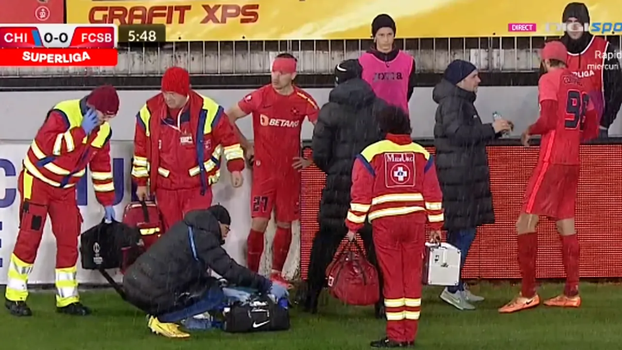 Accidentare șoc la FCSB! Andrea Compagno și Darius Olaru s-au lovit cap în cap și au fost duși de urgență la spital | FOTO