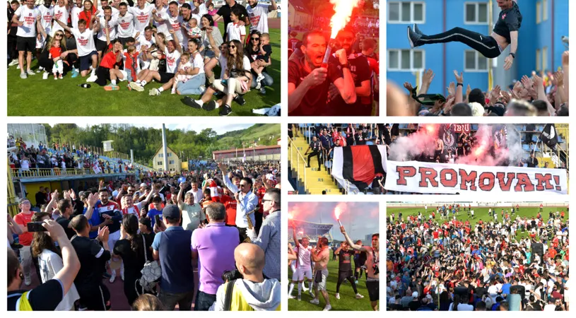 FOTO și VIDEO | Promovare în Liga 1 a FC Hermannstadt, sărbătorită alături de suporteri, pe gazon, cu lăutarii. Mesajul de pe tricourile speciale purtate de jucătorii lui Măldărășanu
