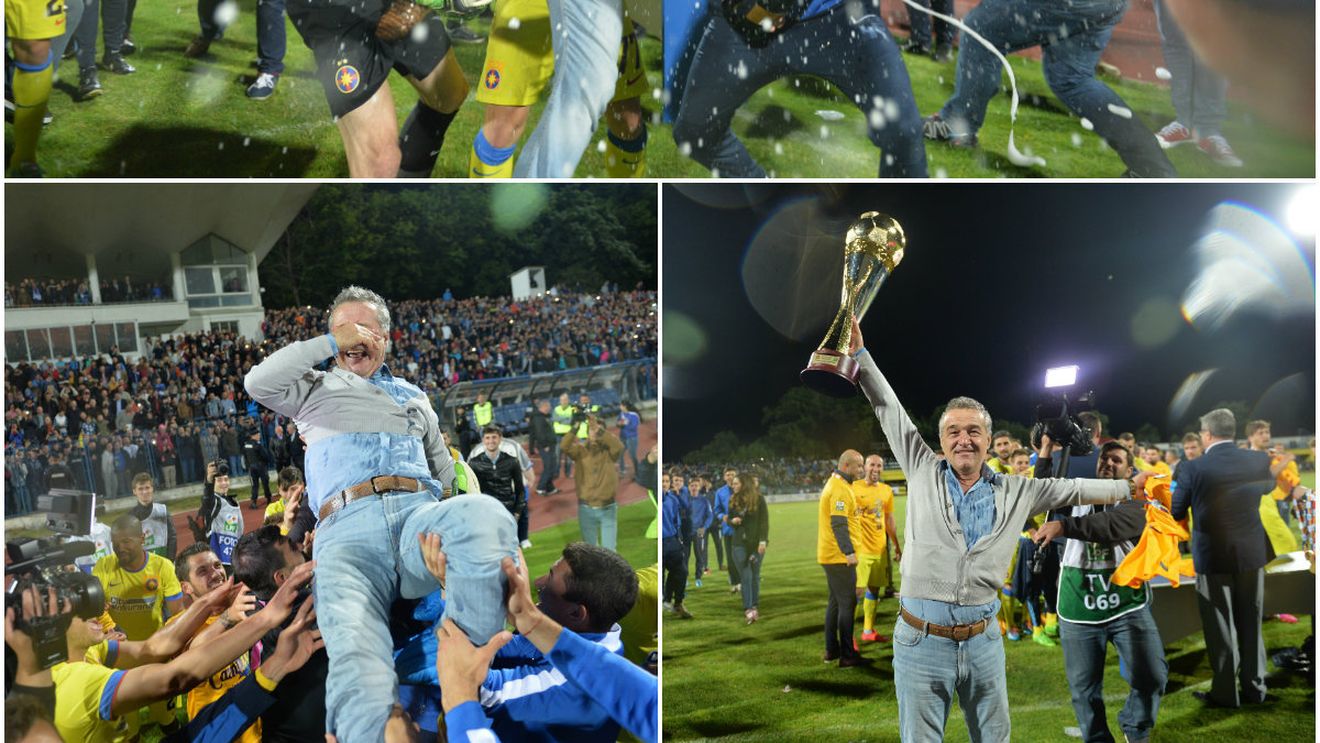 GALERIE FOTO | Momente incredibile la Iași. Becali, purtat pe brațe de jucătorii Stelei! Patronul roș-albaștrilor a "confiscat" trofeul acordat campioanei
