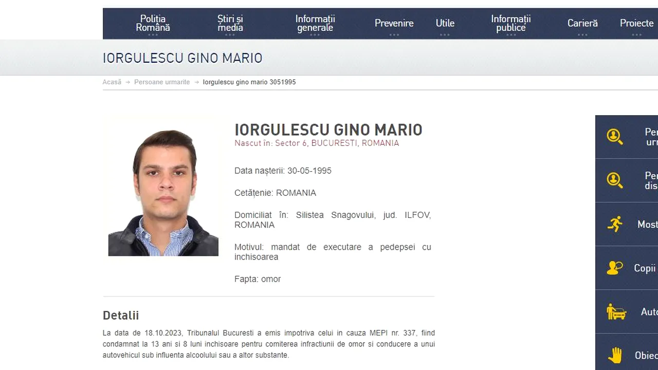 A început „vânătoarea” lui Mario Iorgulescu! Fiul lui Gino Iorgulescu e dat în urmărire generală, iar Poliția Română a actualizat profilul de căutare după pedeapsa de 13 ani și 8 luni
