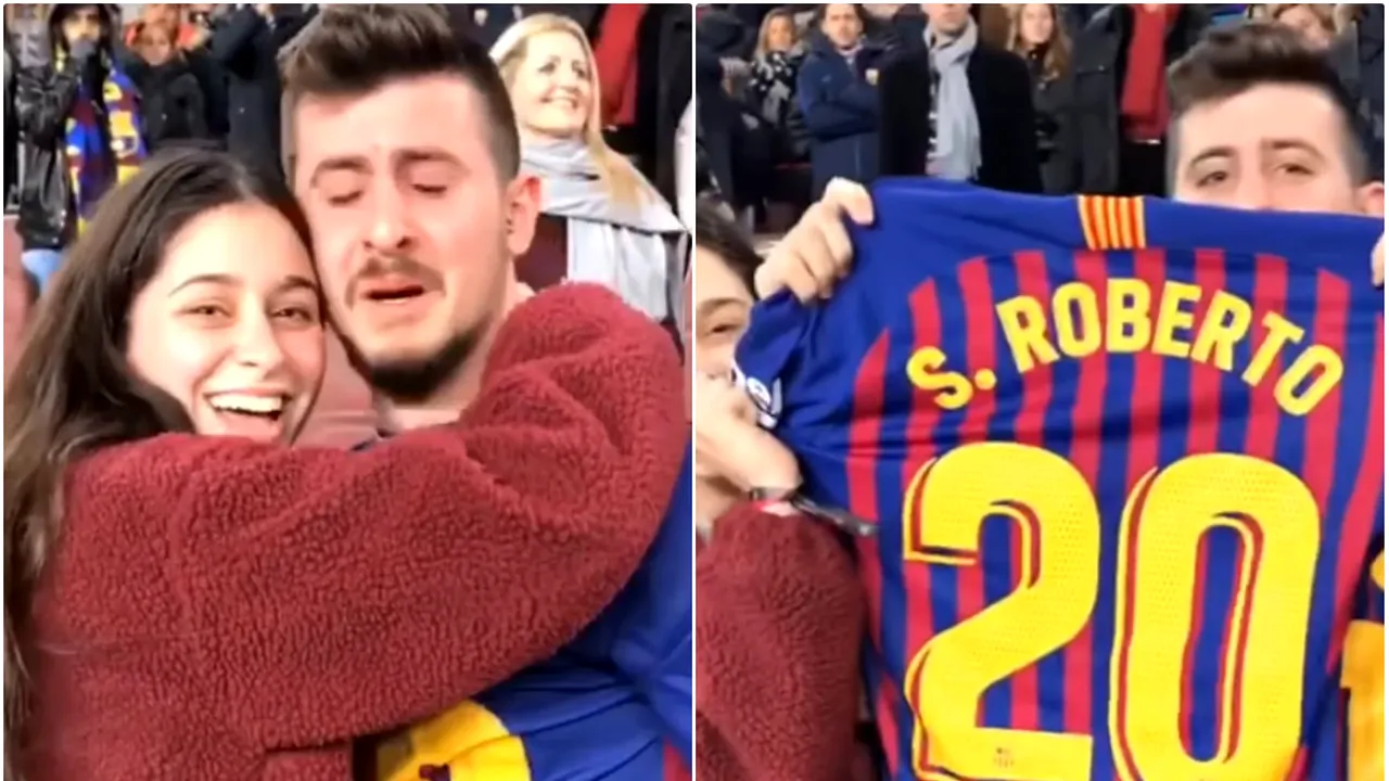 VIDEO | Moment emoționant pe Camp Nou! Un fan al Barcelonei a izbucnit în lacrimi când a primit tricoul lui Sergi Roberto
