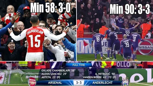 Meci de coșmar pentru Arsenal. În minutul 58 tunarii conduceau cu 3-0, dar Anderlecht a revenit incredibil