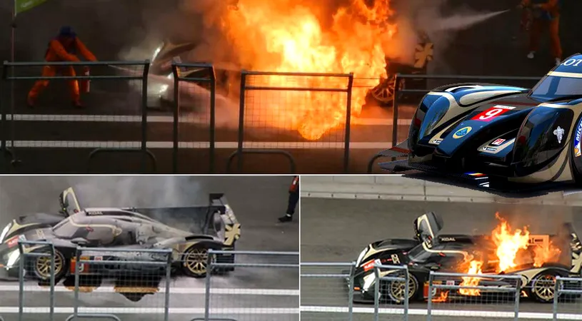 VIDEO | A luat foc pe circuit, în Japonia, de cinci ori în trei minute. Singura mașină românească din cursele auto-moto importante n-a putut fi stinsă nici de stewarzii niponi: 