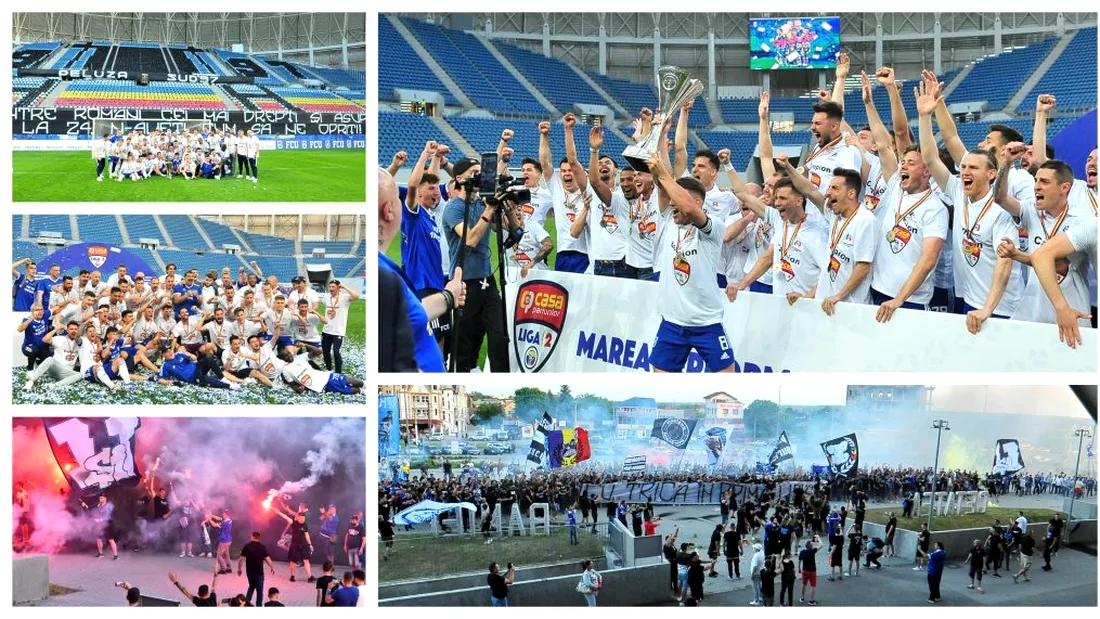 ”FC U” Craiova a primit trofeul de campioană a Ligii 2! Jucătorii au sărbătorit alături de suporteri promovarea în Liga 1. Peluza Sud 1997 a făcut show în fața stadionului ”Ion Oblemenco” | FOTO și VIDEO