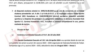 Documentul care a interzis-o pe Corvinul Hunedoara în Superliga! Ce a contestat un club din Liga 2 la FRF. EXCLUSIV
