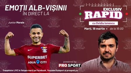 E pauză în liga 1, dar noi nu avem pauză la "EXCLUSIV RAPID". Junior Morais vine în studio la ora 16:30 și avem câteva surprize pregătite pentru voi, rapidiștii