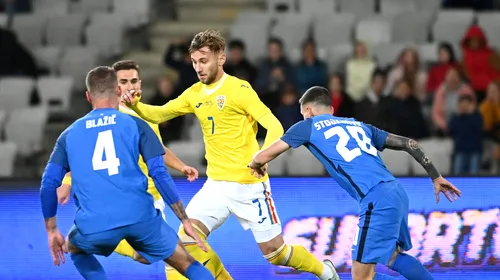 Denis Drăguș, gol formidabil împotriva Sloveniei! „Noul Dobrin”, prima reușită la echipa națională, cu un șut demn de porecla pe care i-a dat-o Gică Hagi! | VIDEO