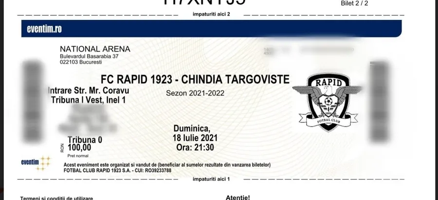 Pe bilet se poate vedea clar cum scrie atât Tribuna 1 cât și Tribuna 0
