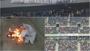 FOTO | Cum au reușit doar cinci ultrași de la Peluza SUD Steaua să afișeze un mesaj în mijlocul suporterilor FCSB. PRA, acuzată că a ars pânza pe care era scris numele "Steaua București"

