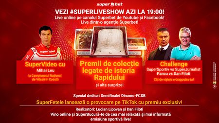 SuperLive Show vișiniu! Urmărește de la ora 19:00 o emisiune dedicată aniversării Rapidului! Vino online pe canalele Superbet de Facebook și Youtube!