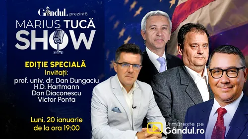 Marius Tucă Show – Ediţie Specială –  începe luni, 20 ianuarie, de la ora 19.00, live pe gândul.ro.  Invitaţi: H.D. Hartmann, Dan Diaconescu, prof. univ. dr. Dan Dungaciu, Victor Ponta