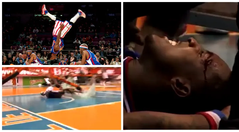 VIDEO A văzut moartea cu ochii! Unui jucător de la Harlem Globetrotters i-a căzut coșul în cap