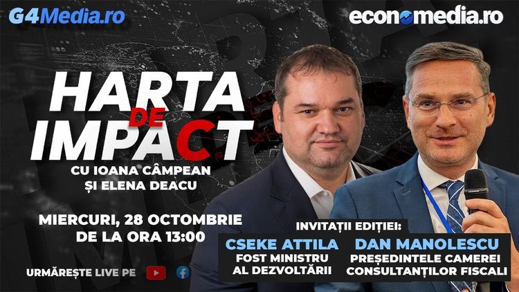„Harta de impact” LIVE de la ora 13.00. Cum va arăta reforma administrativă și ce mai poate taxa Guvernul? Invitații ediției: Cseke Attila, fost ministru al Dezvoltării, și Dan Manolescu, președintele Camerei Consultanților Fiscali