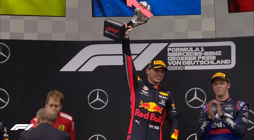 Max Verstappen a câștigat Marele Premiu al Germaniei. VIDEO | Cursă nebună la Hockenheimring. Vettel a terminat pe doi, după ce a început ultimul. Hamilton, în jumătate inferioară