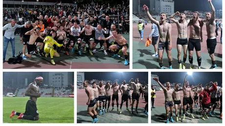 VIDEO și FOTO | Sărbătoare în chiloți! Modul în care jucătorii Universității Cluj s-au bucurat în ”Ștefan cel Mare” pentru promovarea în Liga 1 în fața lui Dinamo. N-au scăpat nici ei de gazele lacrimogene