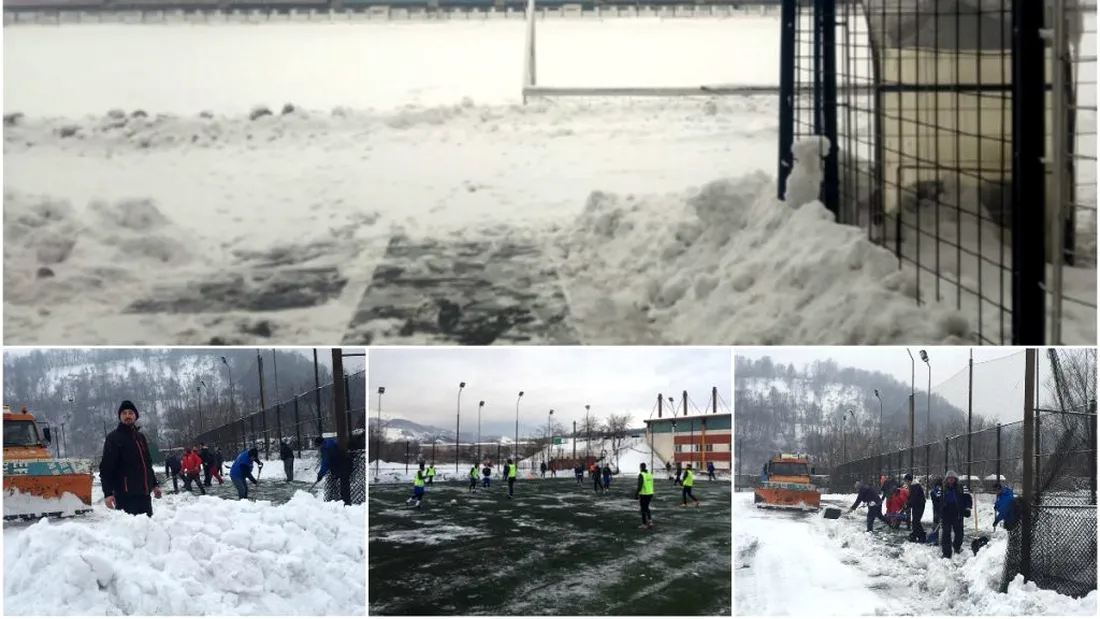 Stadionul din Petroșani, sub nămeți!** Oameni aduși de la Târgu Jiu muncesc să îndepărteze zăpada pentru ca Energeticianul și Jiul să poată să-și susțină antrenamentele