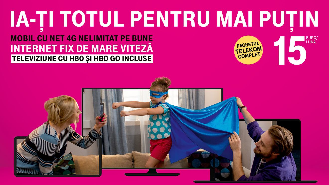 (P) Totul pentru mai puțin, de la Telekom! Pachetul Telekom Complet: mobil cu Net Nelimitat 4G, Internet fix de mare viteză și televiziune, cu HBO și HBO GO incluse până la finalul anului, la doar 15 euro / lună. 
