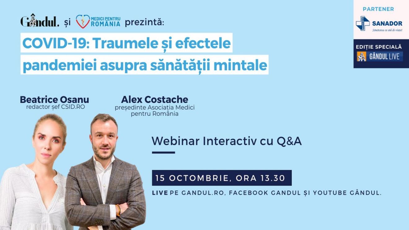 Află care sunt efectele statului în casă asupra psihicului și cum controlăm anxietatea pe timp de pandemie! Astăzi de la 13.30 în webinarul LIVE - Traumele și efectele pandemiei asupra sănătății mintale!