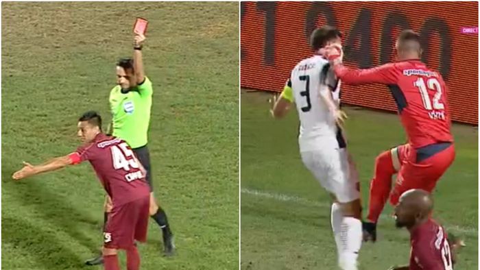 Incredibil! Mario Camora, eliminat după ce a trântit o sticlă cu apă pe teren. Sebastian Colțescu, decizie de neînțeles + Dan Petrescu și Vâtcă au văzut și ei cartonașul roșu